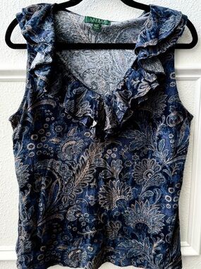 Lauren Ralph Lauren Blue Paisley Ruffle Top XL Coastal Boho Chic